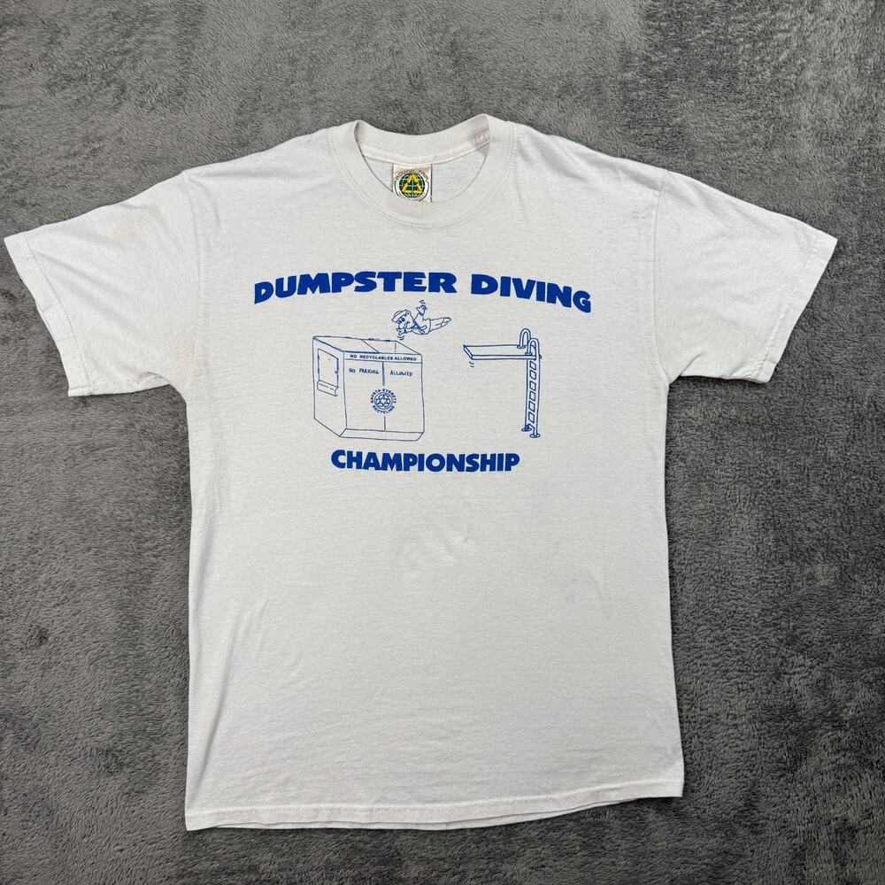 Vintage Dumpster Diving Shirt Funny 90s Mens M Crew Neck White Tee Championship